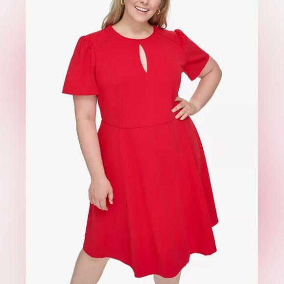 NEW Tommy Hilfiger Dress Red Keyhole Collar Midi Date Night Romantic Size 16 - Picture 1 of 9